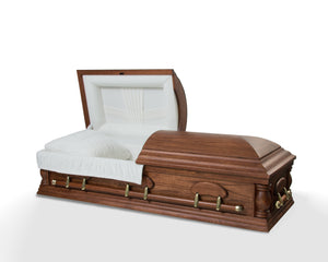 Walnut finish casket with round corners and white velvet interior.
