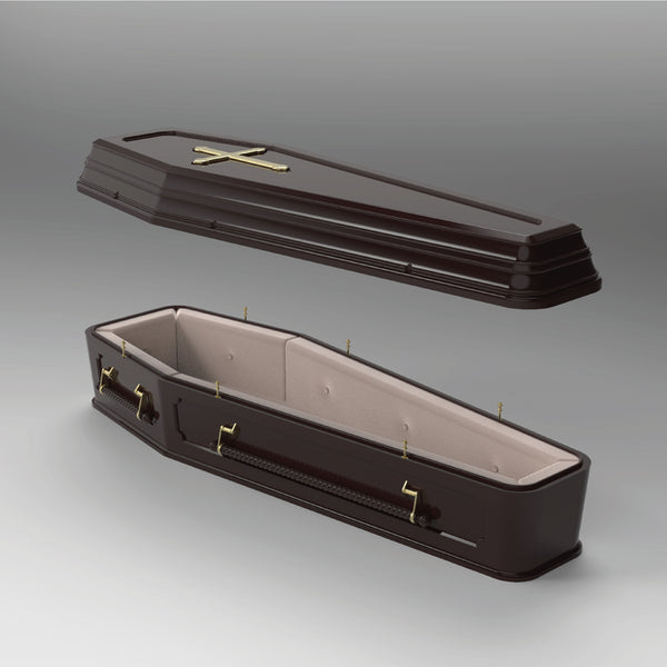 Interior view of a dark colour European style coffin from Casket Depot Vancouver 
