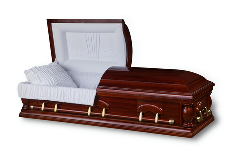 Red wooden casket with glossy finish and white interior | Casket Depot Vancouver