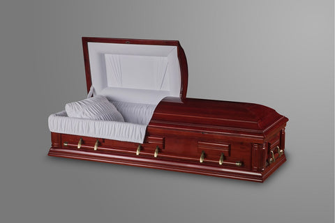 Hamilton Cherry Wood Casket. Red glossy finish with brass hardware and white velvet interior - Casket Depot Vancouver