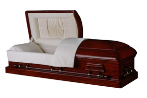 The Premier Solid Mahogany Wood Casket. Glossy red finish with white velvet interior fabric - Casket Depot Vancouver