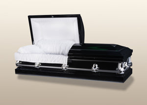 20 gauge steel metal casket, with black finish and white velvet interior - Casket Depot Vancouver