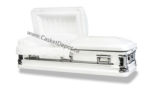 Silver Pearl 18 Gauge Steel Casket with white exterior and silver hardware. White interior velvet fabric- Casket Depot Vancouver