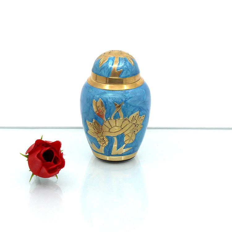 MEMENTO | PAINTED BLUE & GOLD FLOWERS – 06-1921T - Casket Depot Vancouver