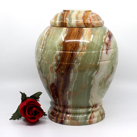 Round urn with onyx exterior.