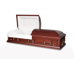 Durham Poplar Casket With red satin finish and white interior fabric - Casket Depot Vancouver
