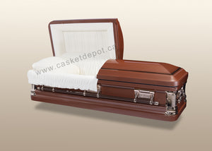 Polished 18 gauge steel casket with round orders and metal hardware. White interior lining.