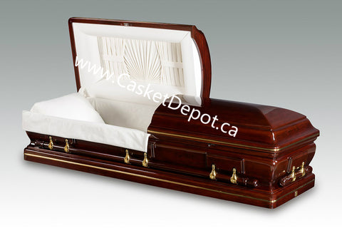 Kennedy Special Cherry wood casket with gold trim and gold hardware. Glossy finish and white interior fabric- Casket Depot Vancouver