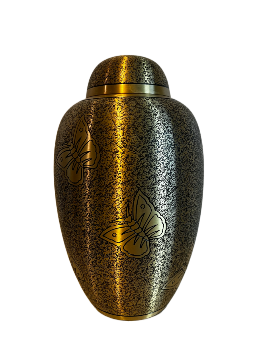 Brass Metal Urn For Ashes Black and Gold Butterfly Design Casket